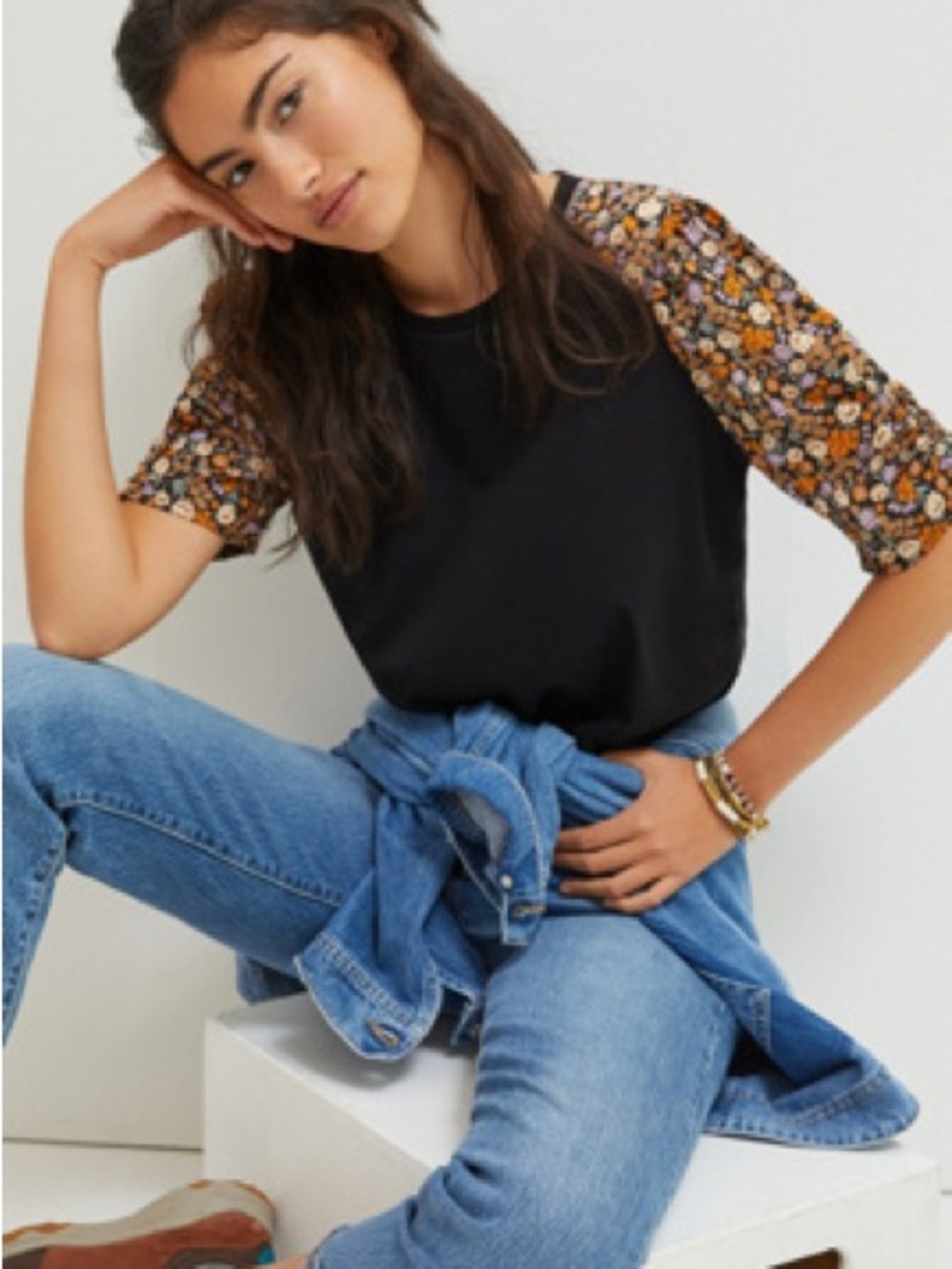 Scotch & Soda Black Marian Tee with Floral Short Raglan Sleeves